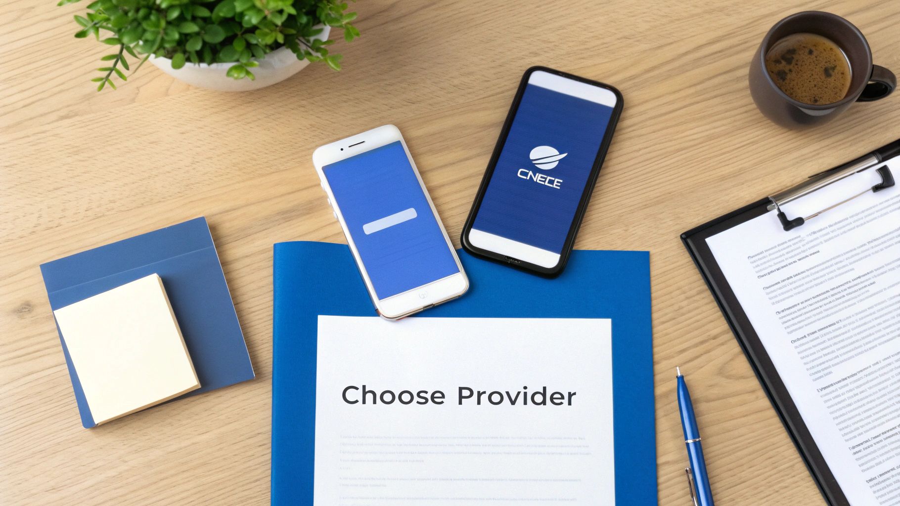 A flat lay of a modern office desk with two smartphones, a 'Choose Provider' document, and coffee.