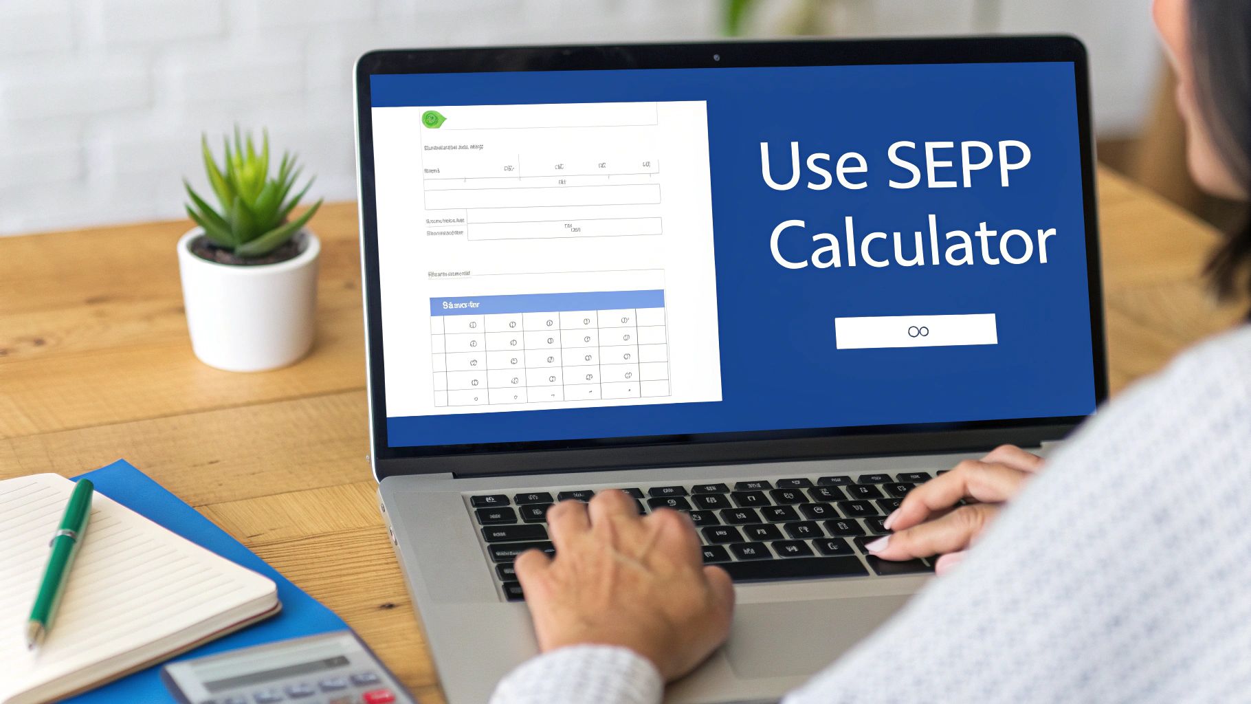 Person typing on a laptop displaying a SEPP calculator application and an input form on a wooden desk.
