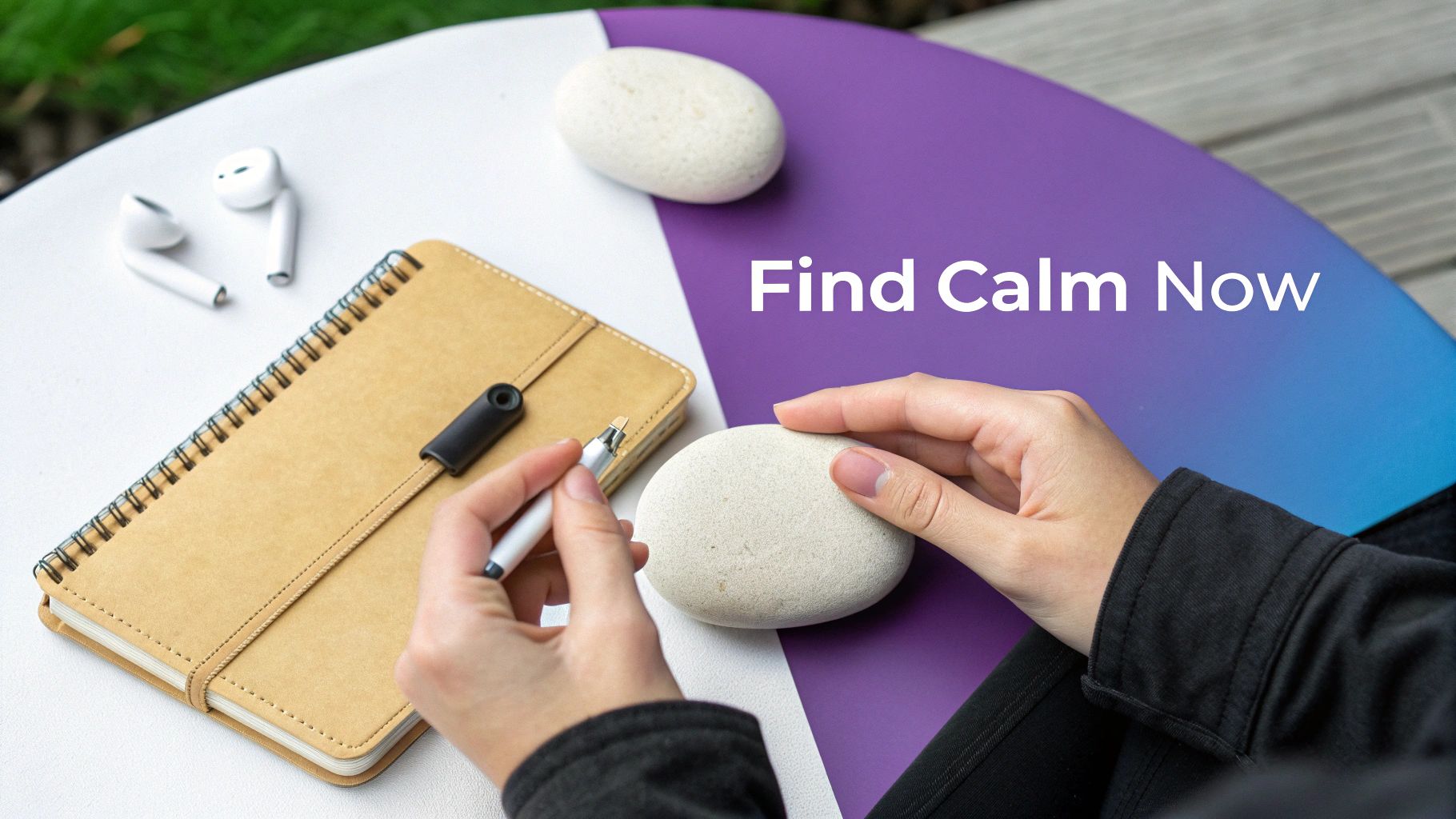 A person holds a smooth white stone on a table with a notebook and earbuds, alongside the text 'Find Calm Now'.