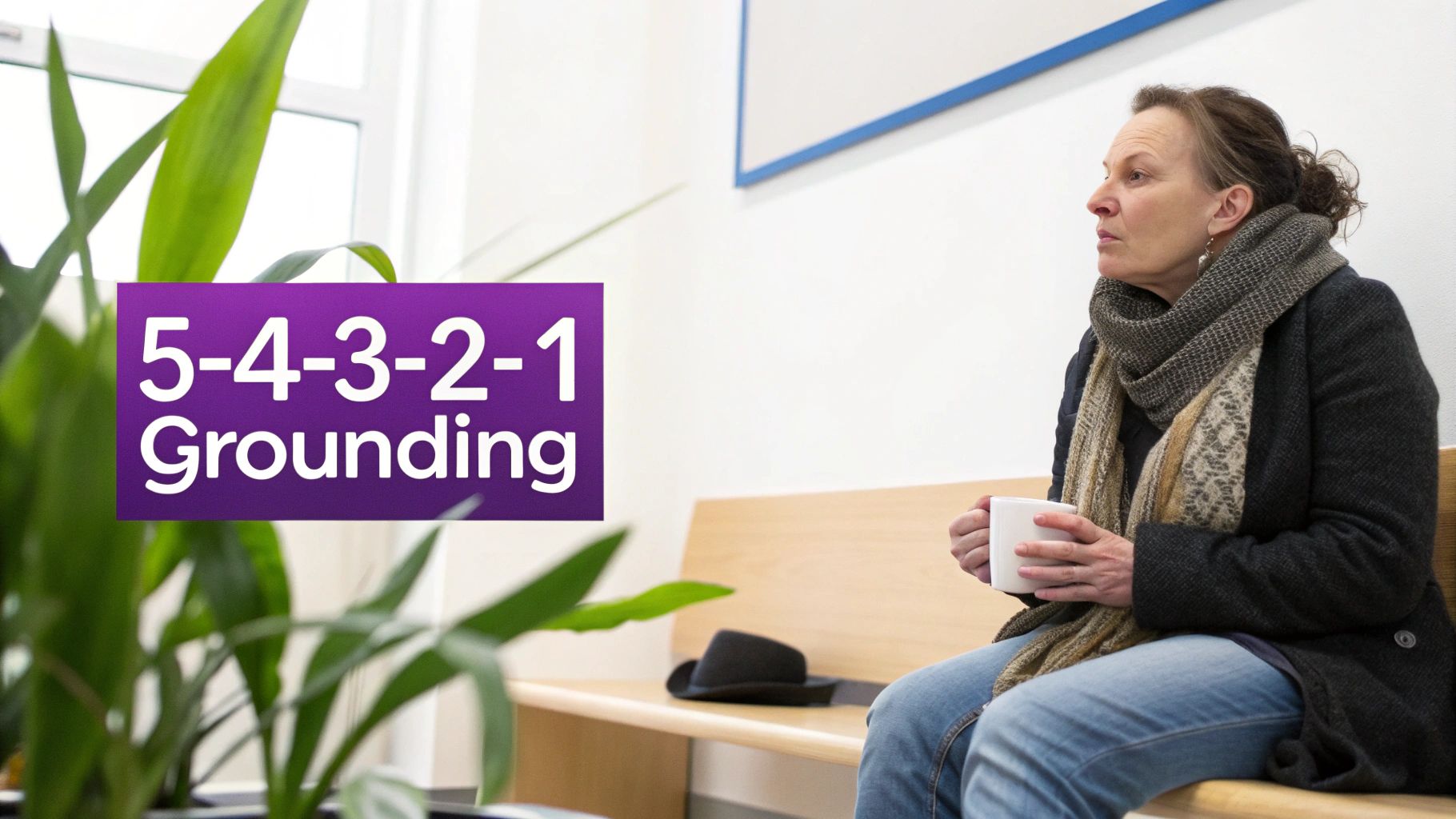 A woman sits on a bench, holding a mug, with text '5-4-3-2-1 Grounding' and a plant.