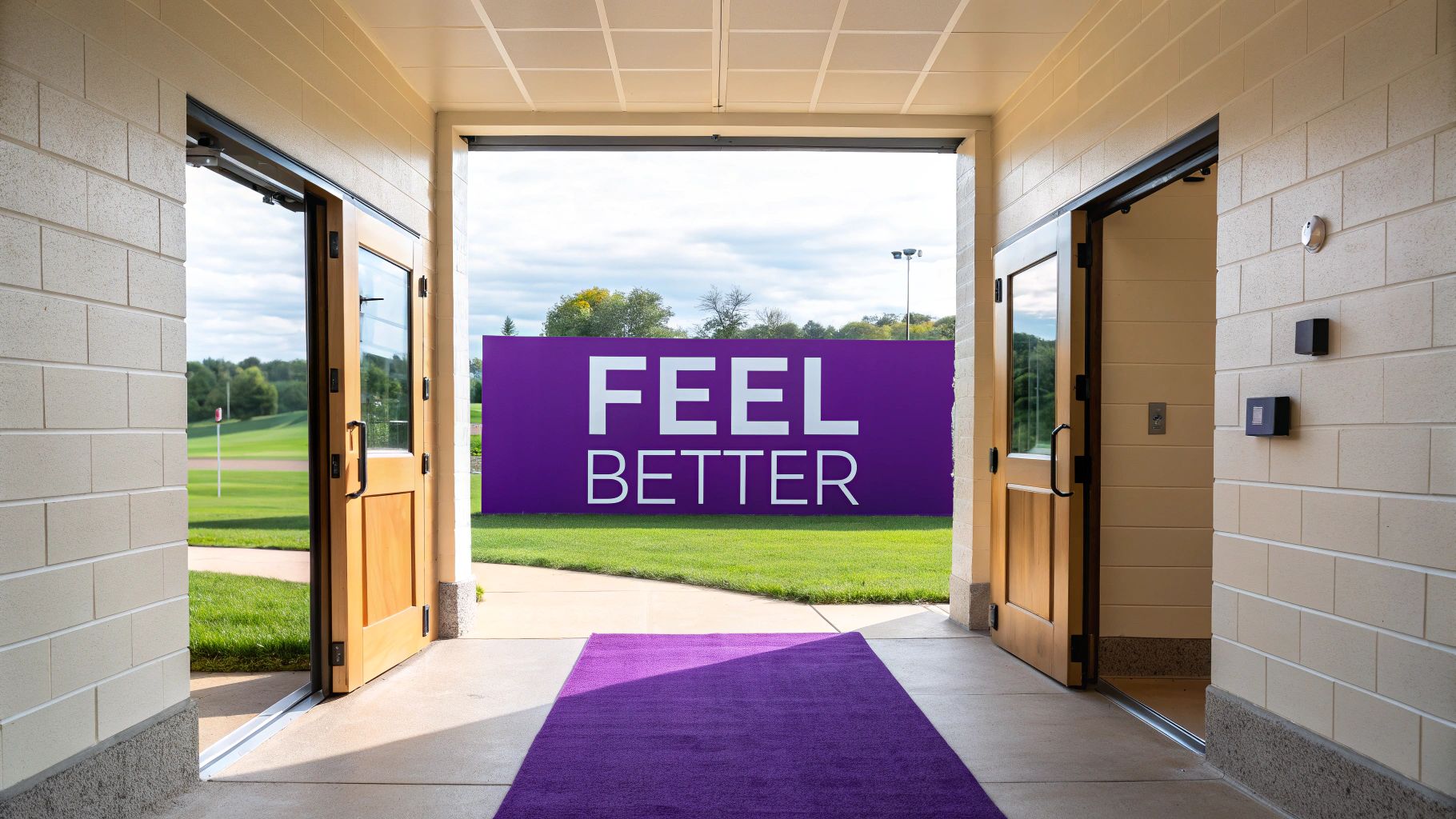 A doorway opens to an outdoor area with a purple rug leading to a large "FEEL BETTER" sign.