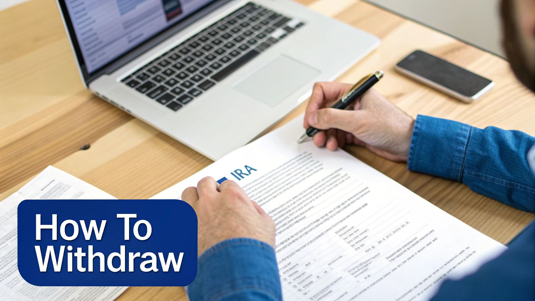 An individual carefully filling out an IRA distribution form on a tablet.