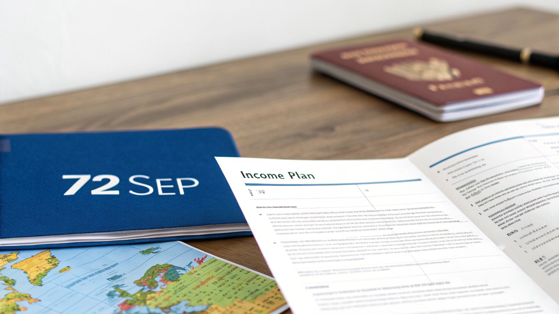 Close-up of a desk with an income plan document, world map, blue planner, passport, and pen.