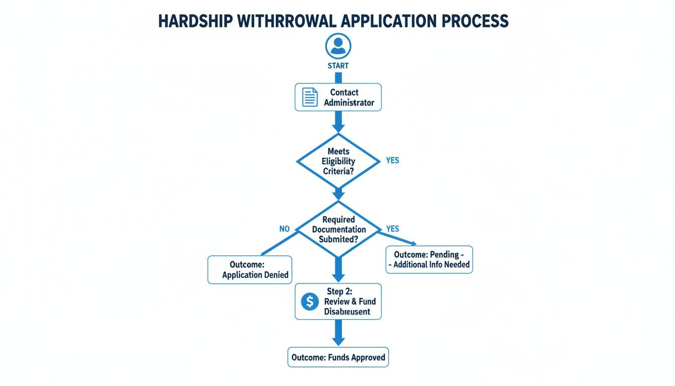 Flowchart detailing the hardship withdrawal application process, from start to fund approval or denial.
