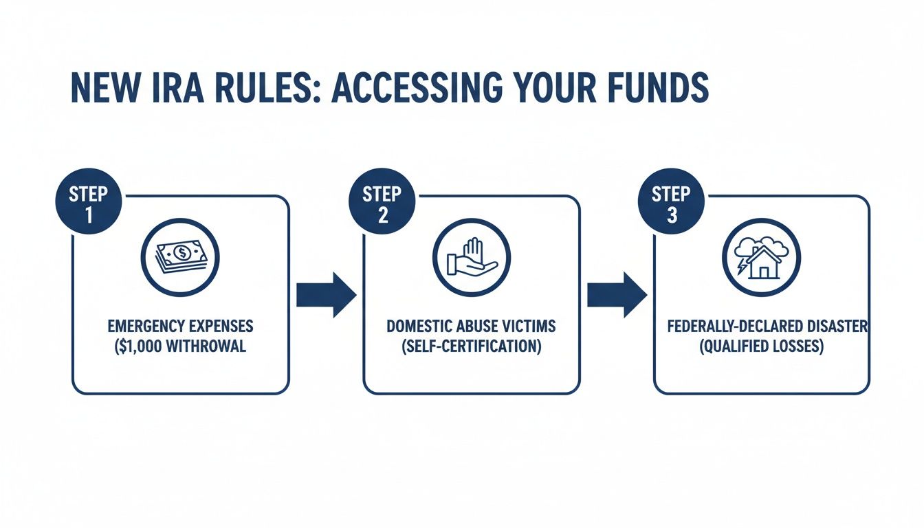 Infographic outlining new IRA withdrawal exceptions for emergencies, domestic abuse victims, and federally-declared disasters.