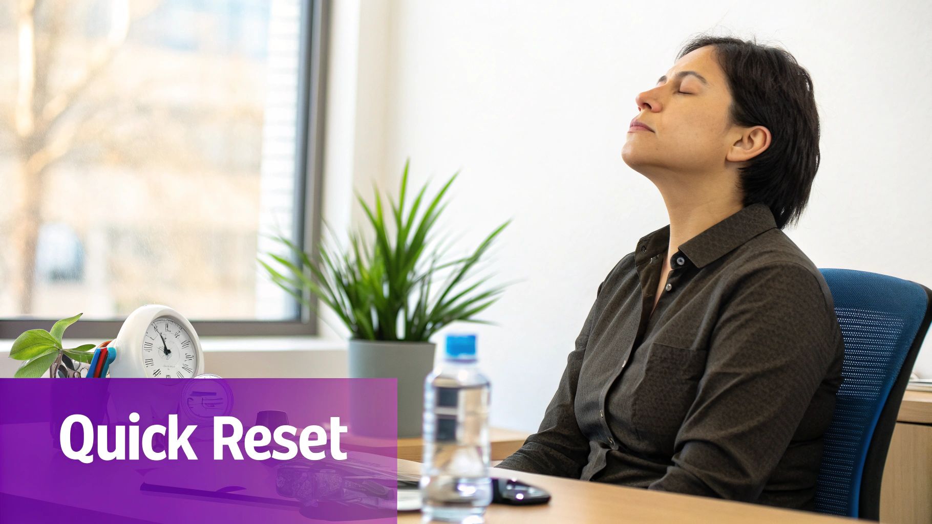 A woman with short dark hair relaxes at her office desk with eyes closed.