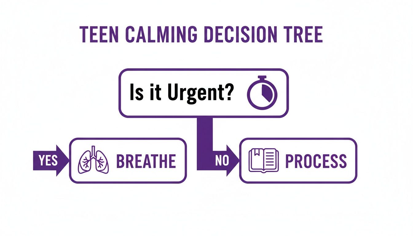 A teen calming decision tree showing to breathe if urgent, or process if not urgent.