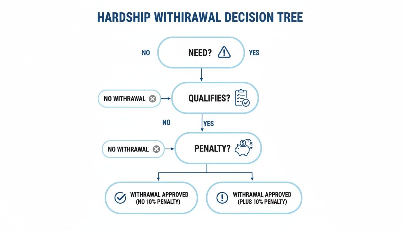 A hardship withdrawal decision tree flowchart, showing steps from need and qualification to penalty assessment.