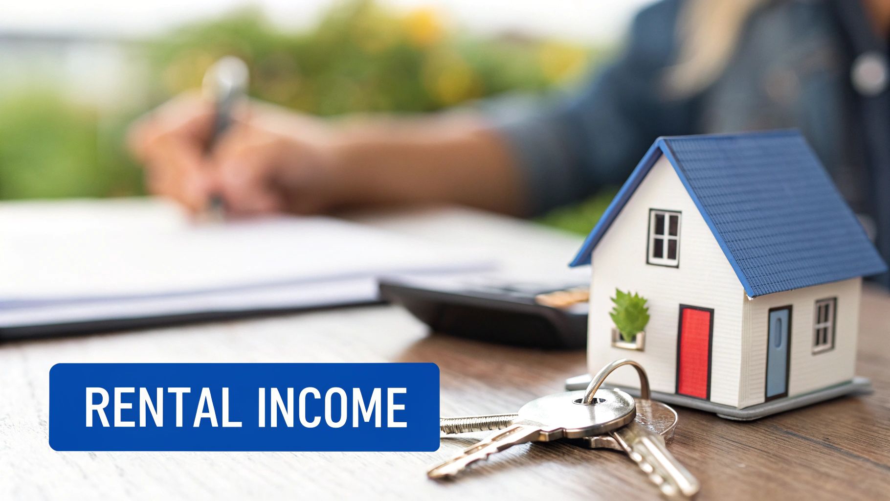 Miniature house model, keys, and a calculator on a desk with 'RENTAL INCOME' text.