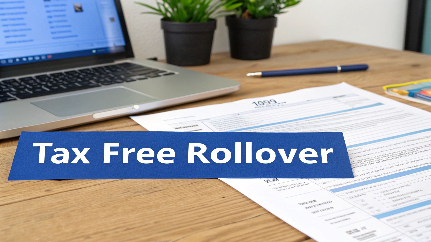 A 'Tax Free Rollover' sign on a wooden desk with a laptop and financial documents.