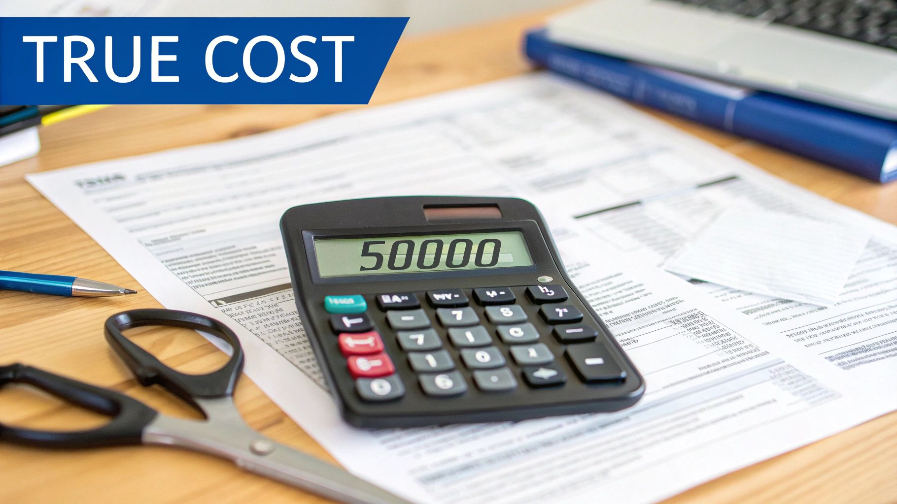 A calculator displaying 50000 on a desk with financial papers, a pen, and scissors, with 'TRUE COST' text.