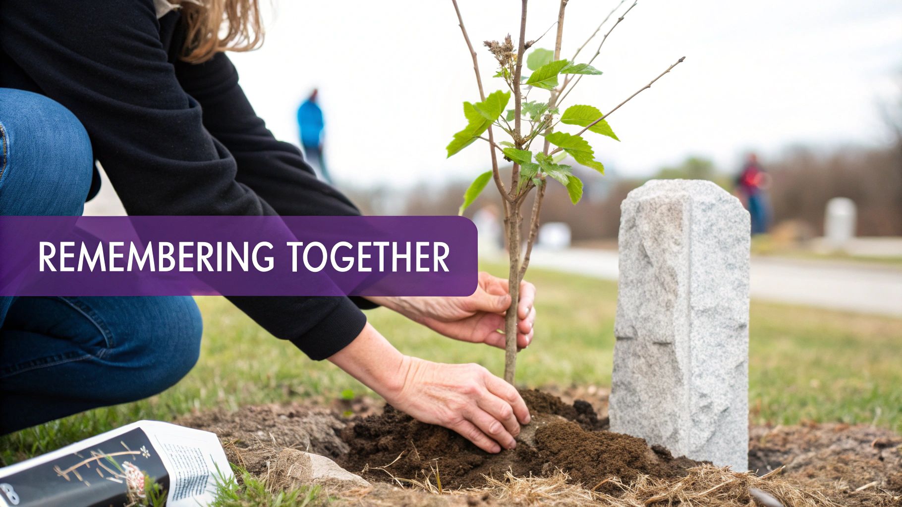 A person kneels, planting a small tree sapling next to a memorial stone, 'REMEMBERING TOGETHER' text overlay.