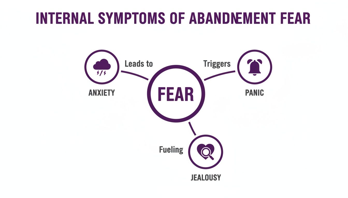 Diagram showing internal symptoms of abandonment fear: Fear leads to anxiety, triggers panic, and fuels jealousy.