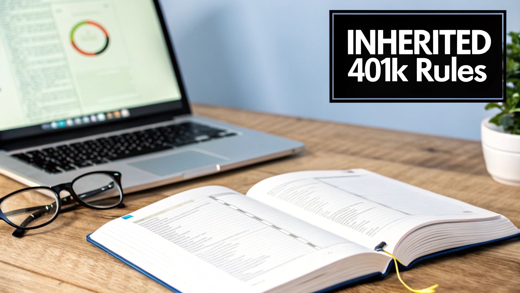 A desk setup with a laptop, open book, and eyeglasses, featuring a box titled 'INHERITED 401k Rules'.