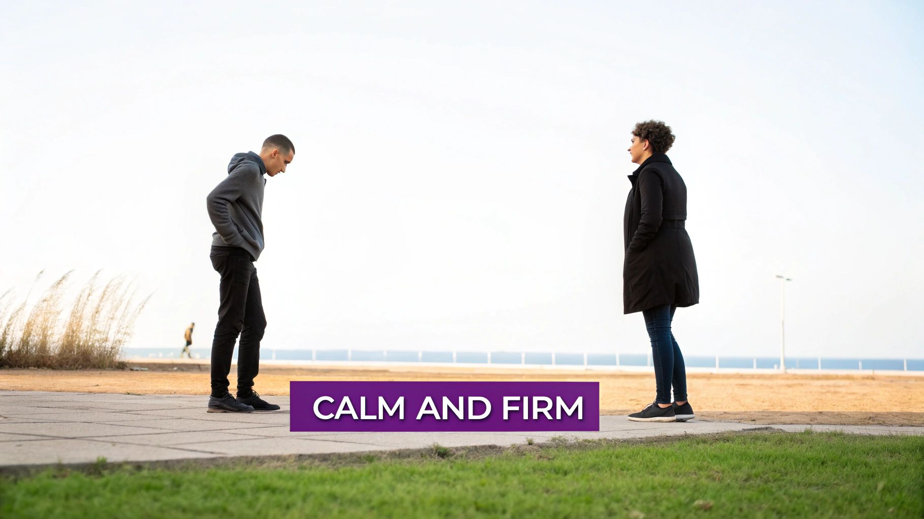 Two people stand apart on a path, with a 'CALM AND FIRM' banner, symbolizing boundary setting.