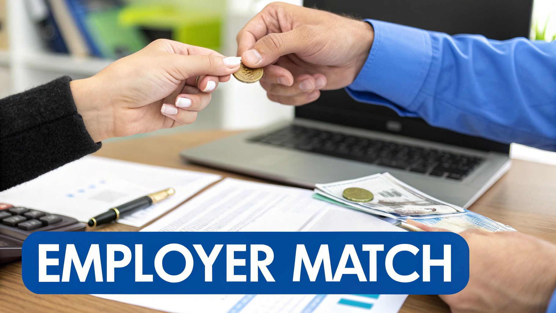 Two hands exchanging a coin over a desk with financial documents and a laptop, text reads 'EMPLOYER MATCH'.