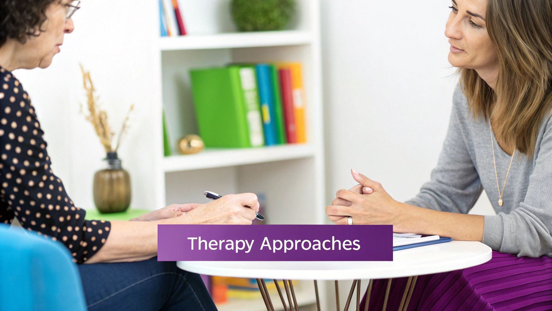 Two women in a therapy session discuss mental health approaches, with one taking notes.