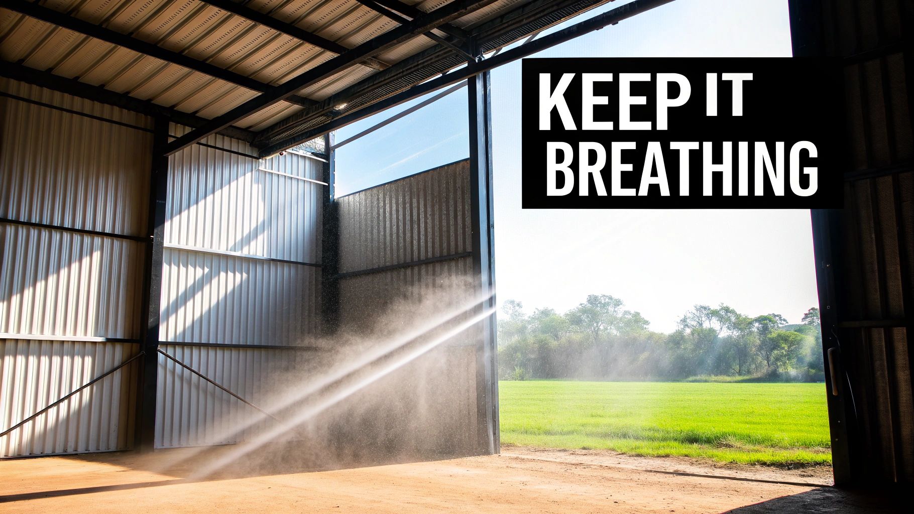 Inside a metal building with an open door, sunlight illuminates dust particles, revealing a green field outside.