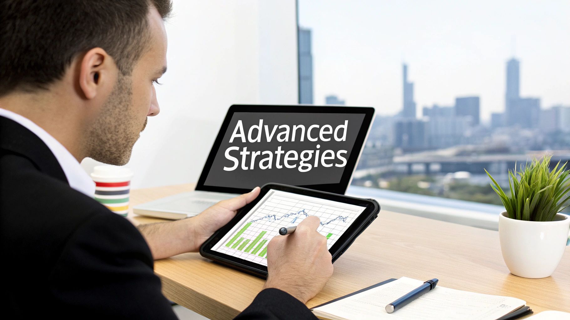 Businessman analyzing financial data on a tablet, with 'Advanced Strategies' on laptop and city view.