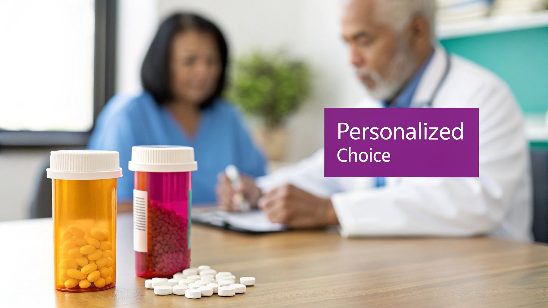 Prescription medication bottles and pills on a table, with a doctor and patient discussing personalized treatment choices.