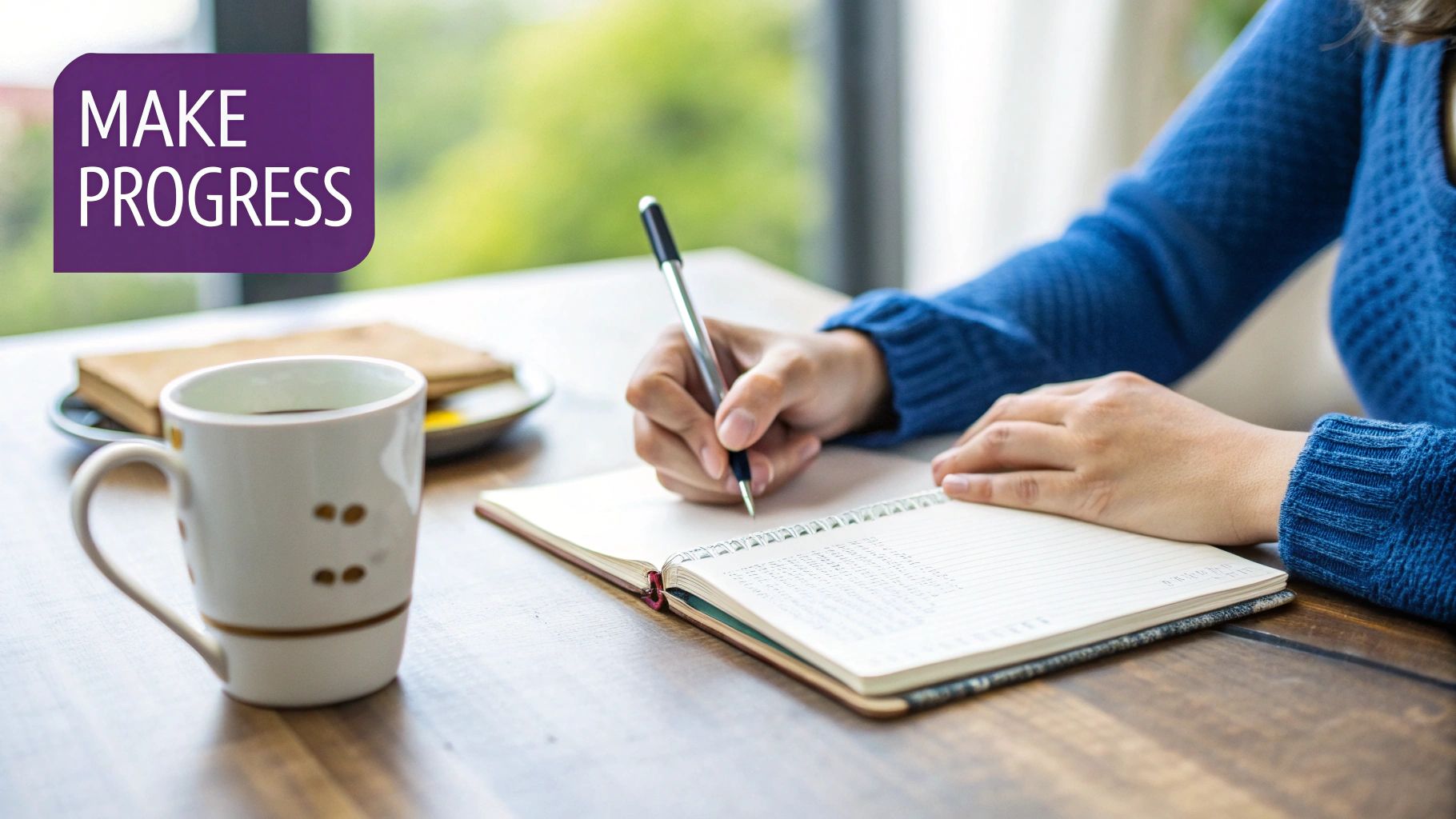 A person in a blue sweater writes in a notebook on a wooden table with a coffee mug, inspiring 'MAKE PROGRESS'.