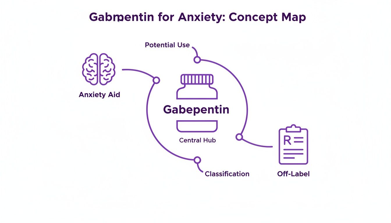 A concept map showing Gabapentin as a central hub, linked to anxiety aid and off-label classification.