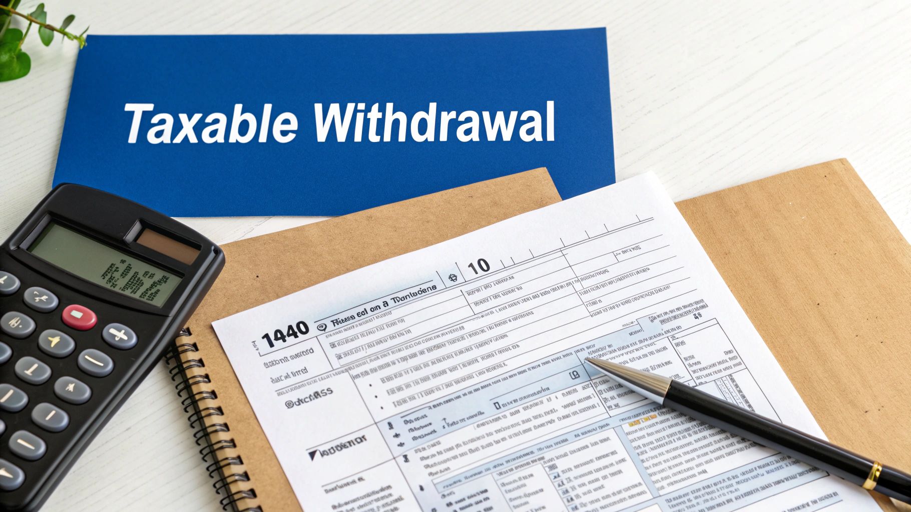 Financial desk setup with tax forms, a calculator, pen, and an envelope for taxable withdrawals.