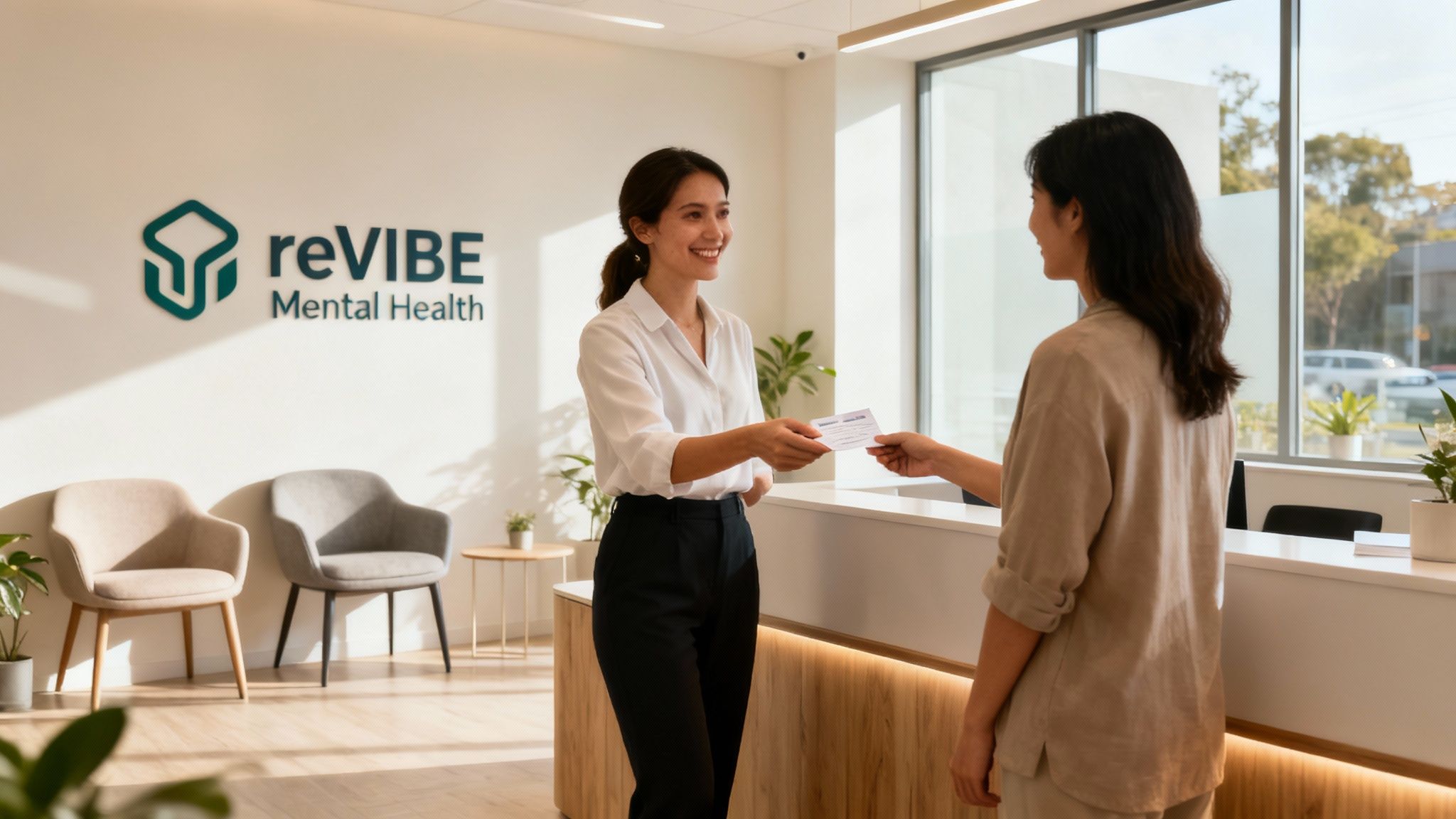 A smiling receptionist at reVIBE Mental Health clinic handing a document to a patient.