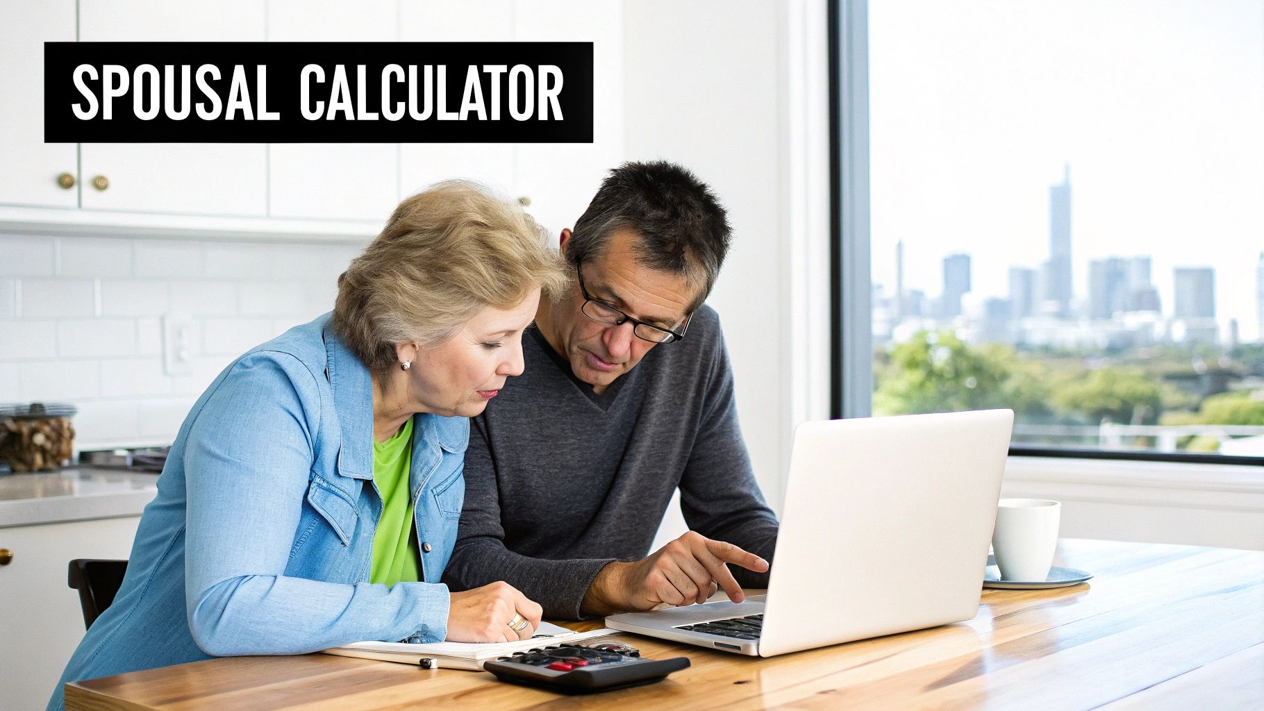 An older couple uses a spousal calculator on a laptop at a kitchen table with city views.