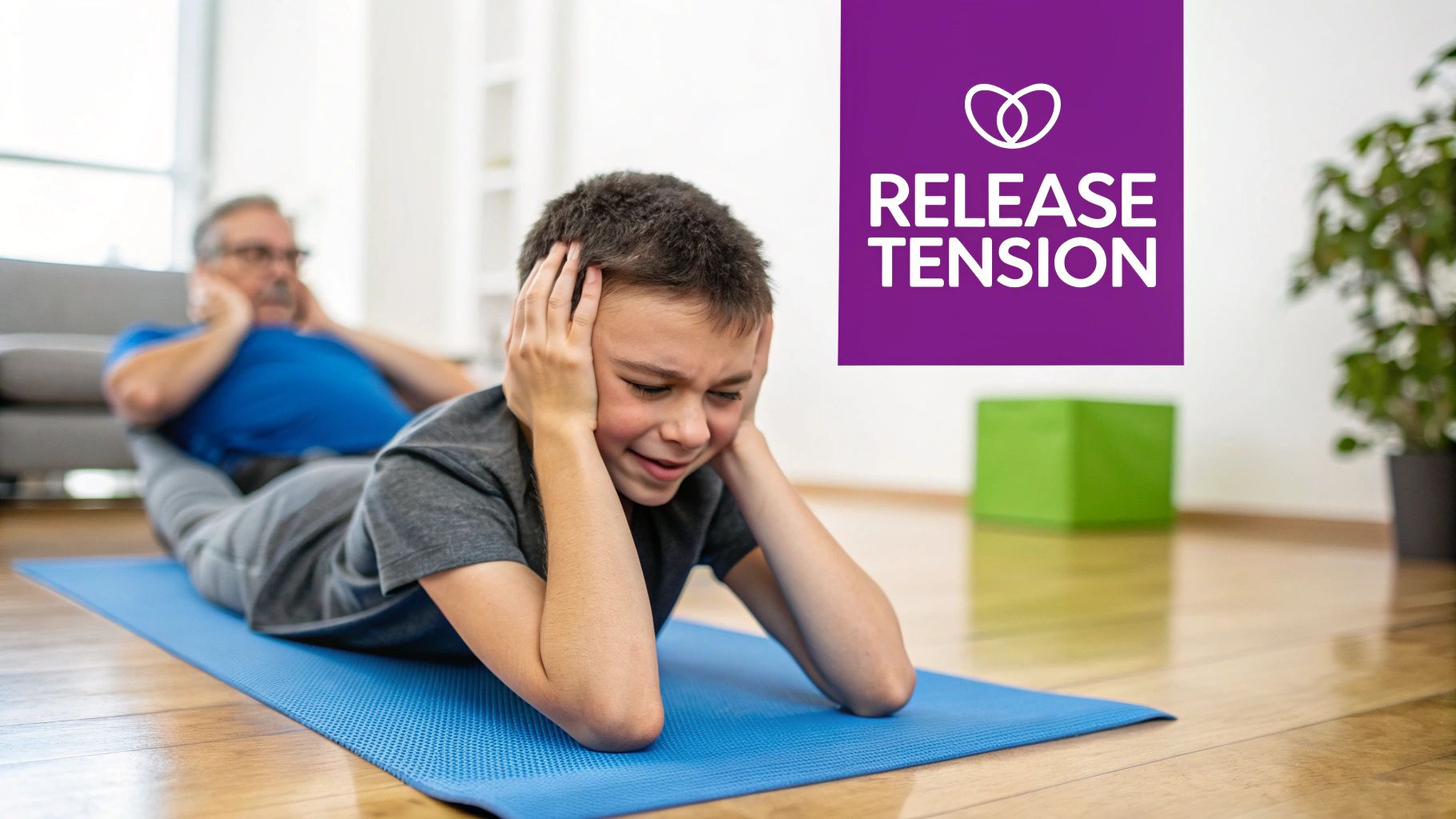 A child covers his ears in distress on a yoga mat, mirroring adult tension in the background.