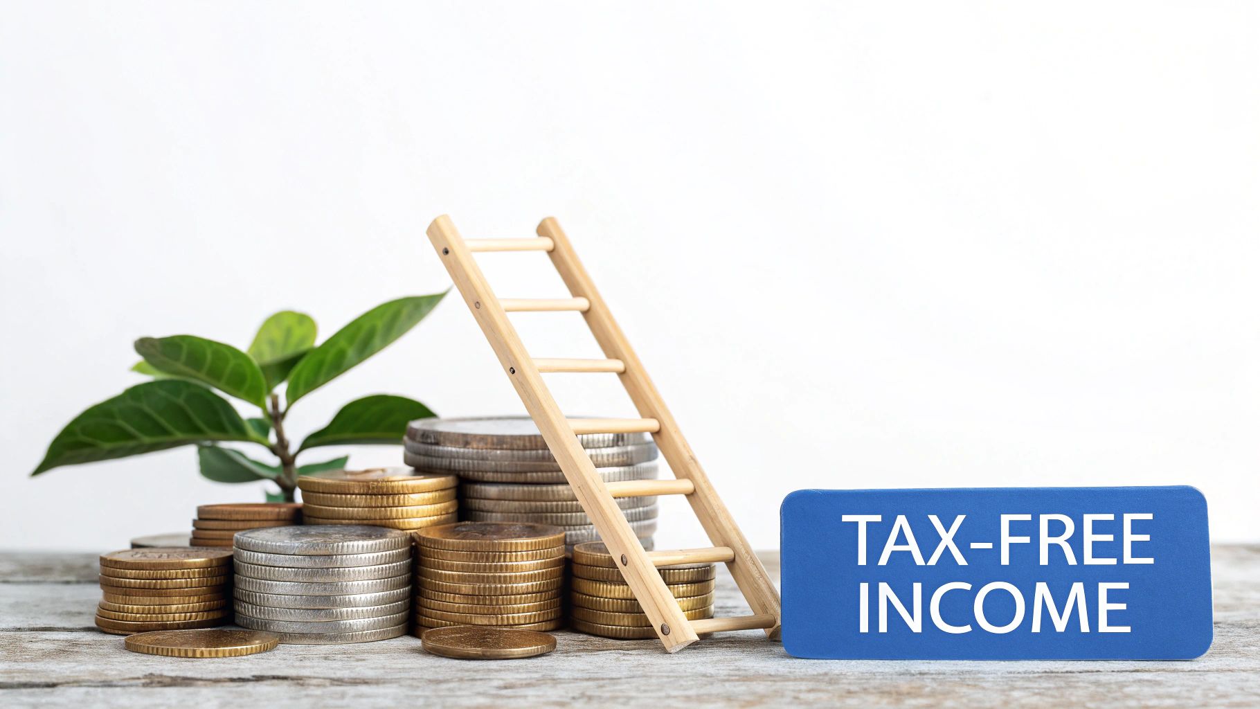 A growing plant, stacks of coins, and a ladder next to a blue 'TAX-FREE INCOME' sign.