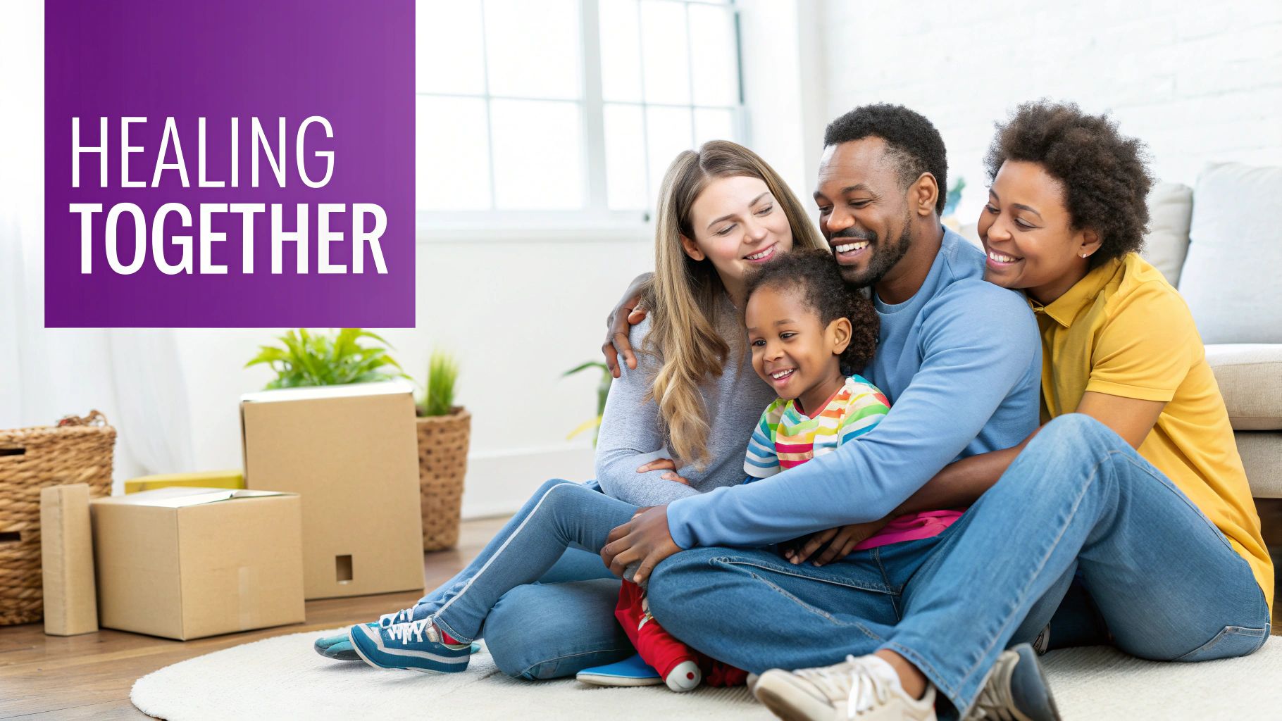 A smiling multiracial family including a young child, two women, and a man, embracing on the floor, with text 'HEALING TOGETHER'.