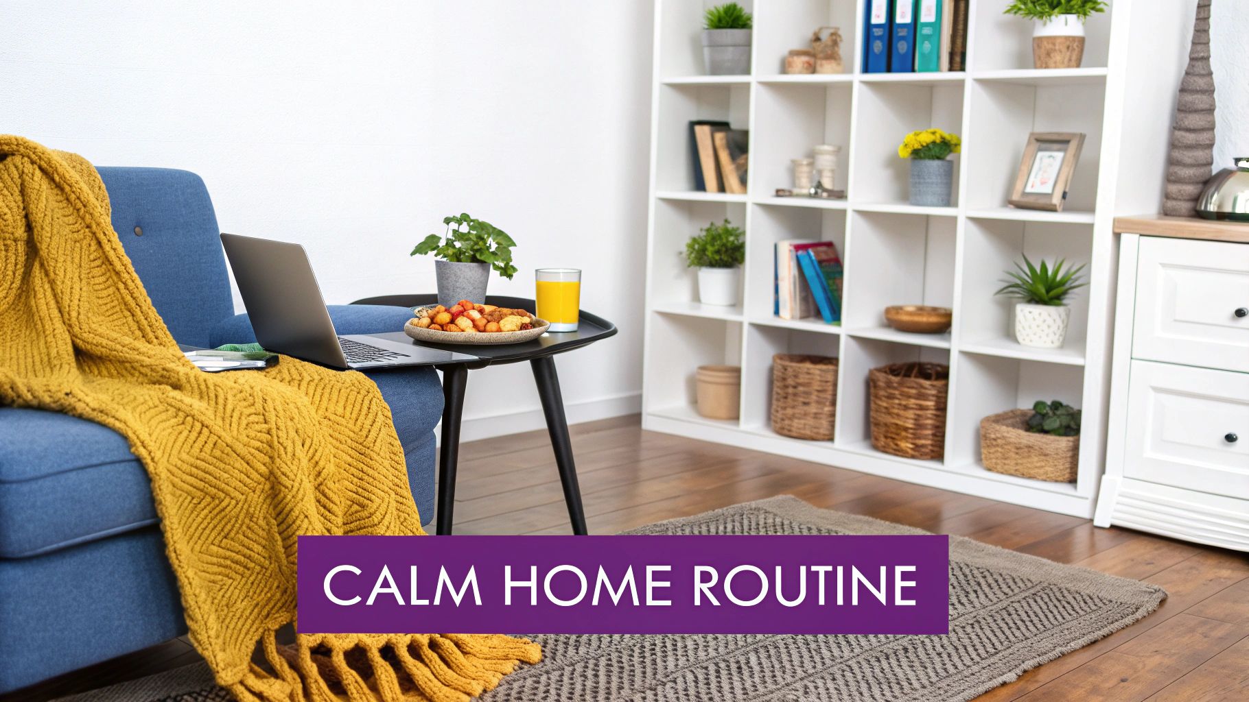 A tranquil living room with a comfy blue armchair, yellow blanket, laptop, snacks, and a bookshelf.