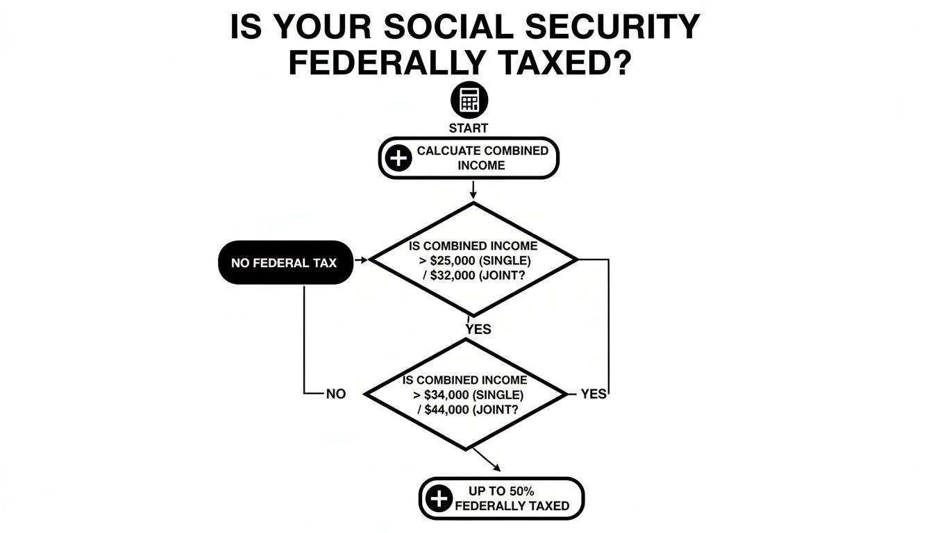 Flowchart illustrating federal taxation of Social Security benefits based on combined income for single and joint filers.