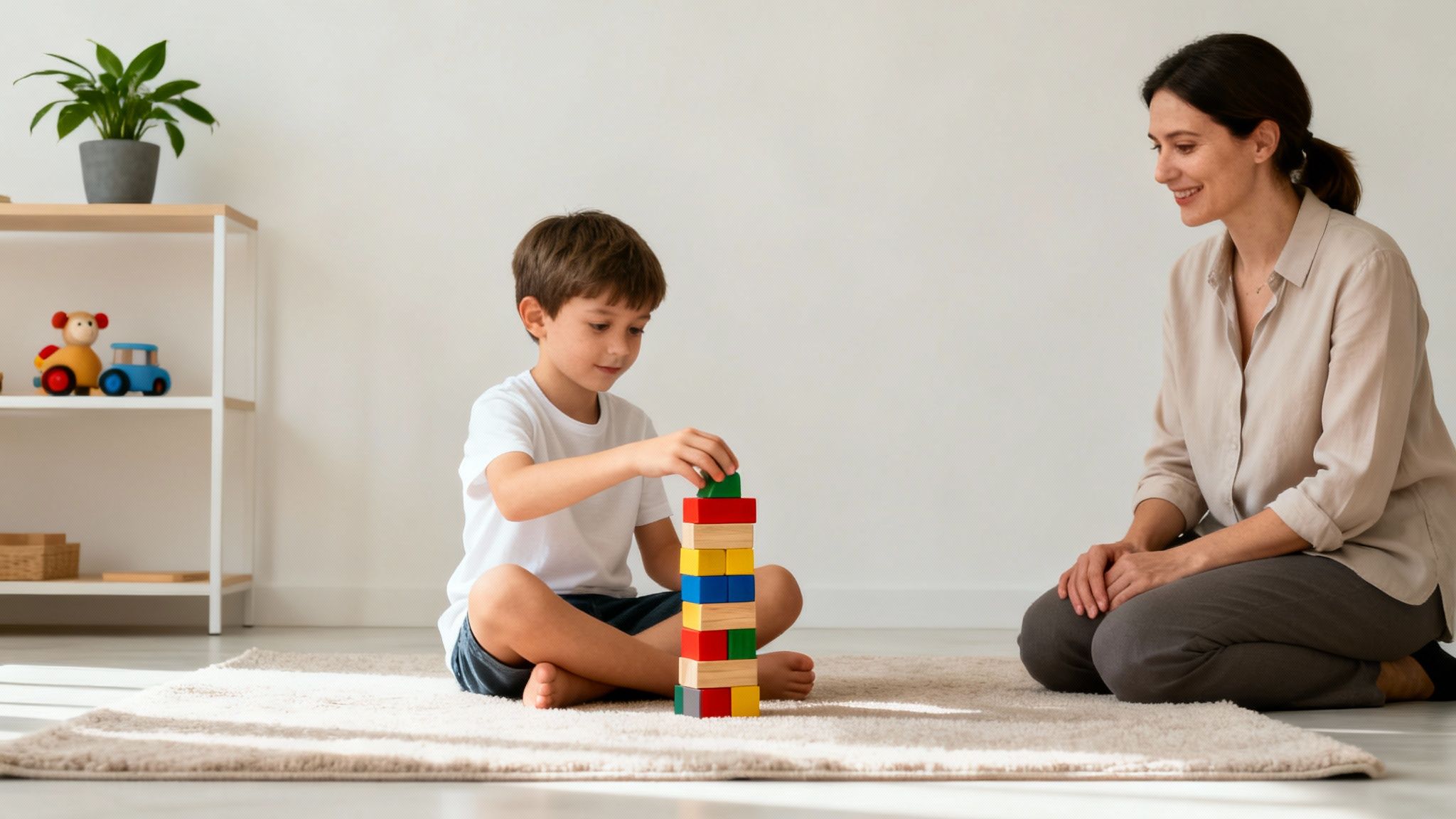 A young boy builds a colorful block tower on a rug while a woman watches and smiles.