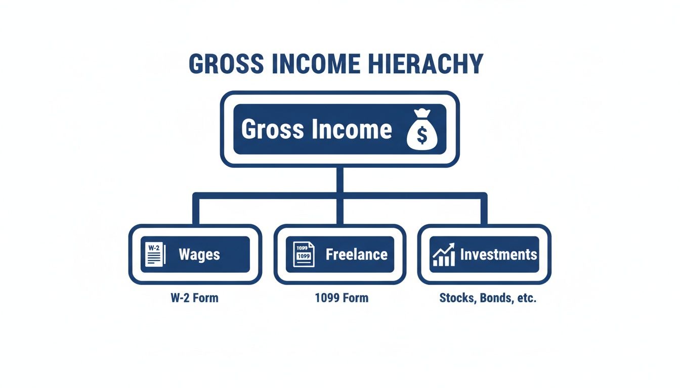 A flowchart illustrates the Gross Income Hierarchy, showing Wages, Freelance, and Investments as main sources.