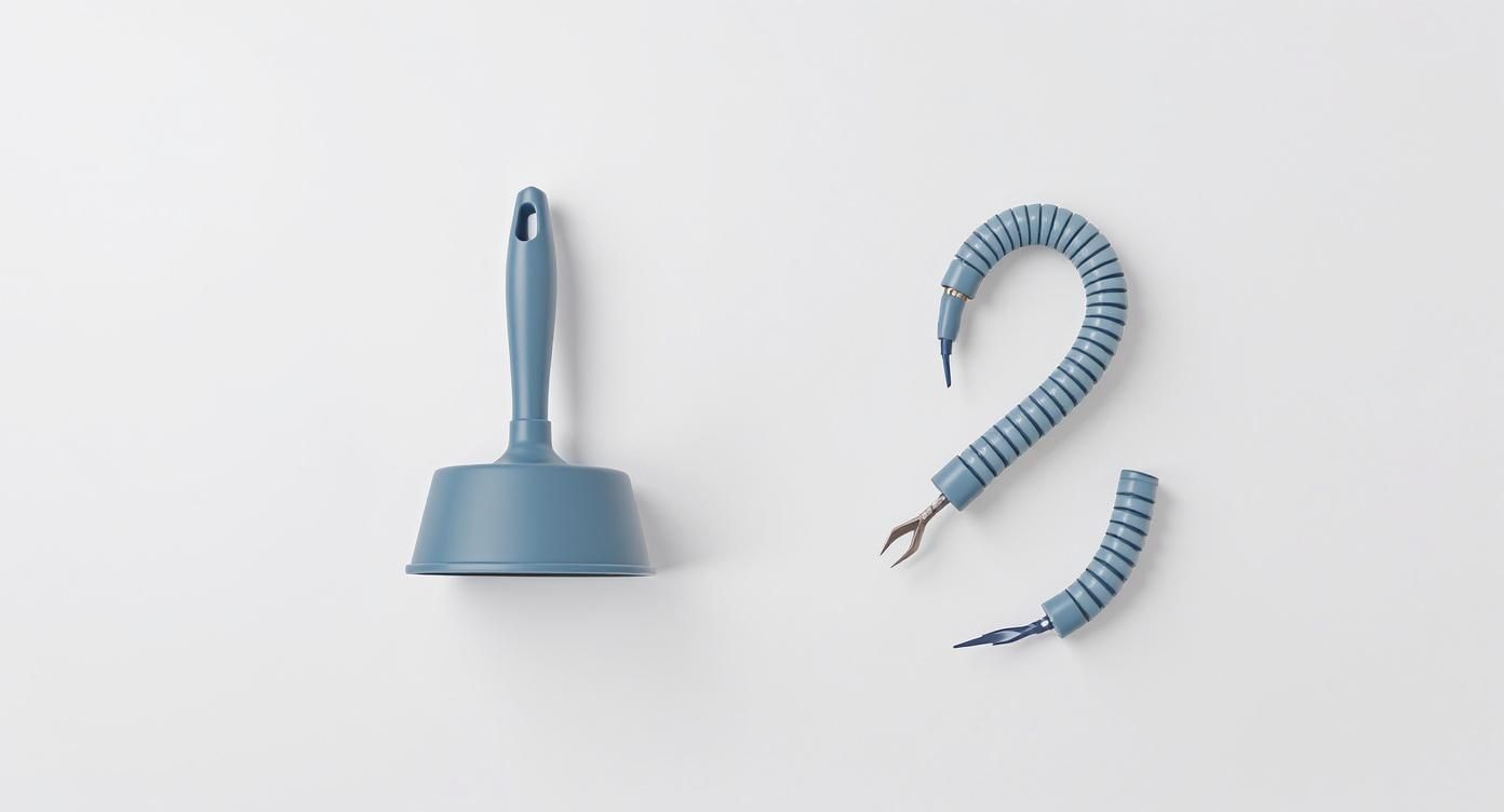 An infographic comparing a plunger and a drain snake for clearing clogs.