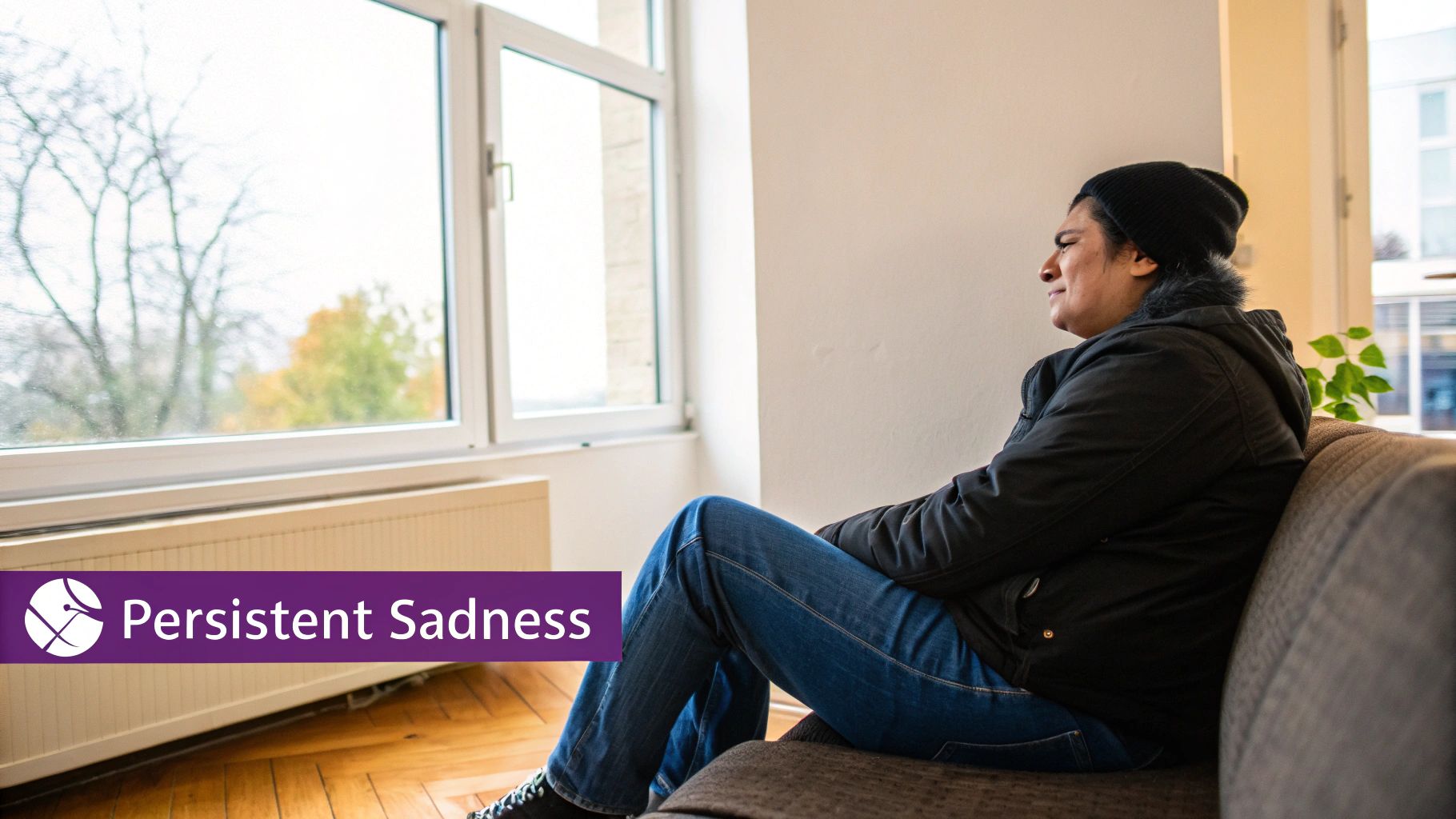 A person with a pensive expression sits on a couch, looking out a window, reflecting sadness.