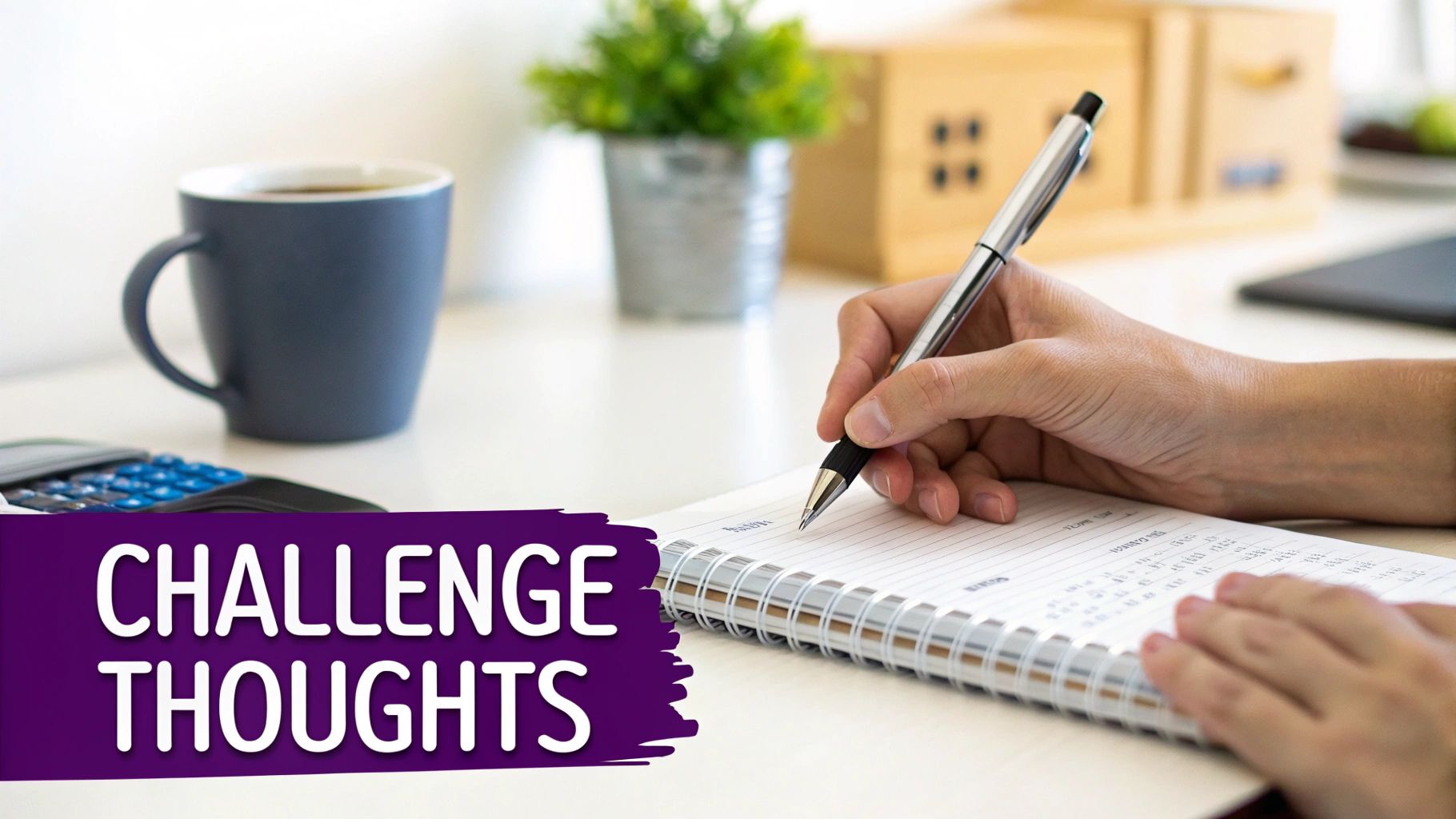 A person writes in a spiral notebook with a pen, next to a coffee mug and 'CHALLENGE THOUGHTS' text.