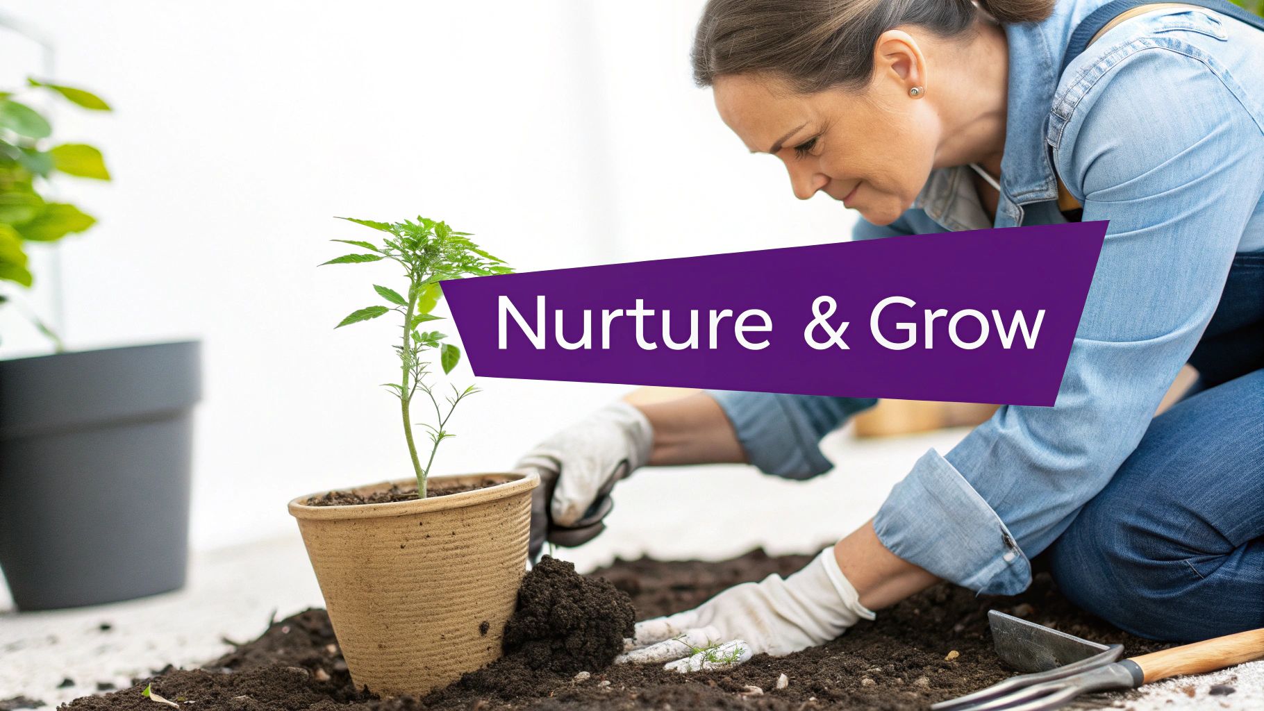 A woman in gardening gloves gently plants a small green plant into a pot of soil.