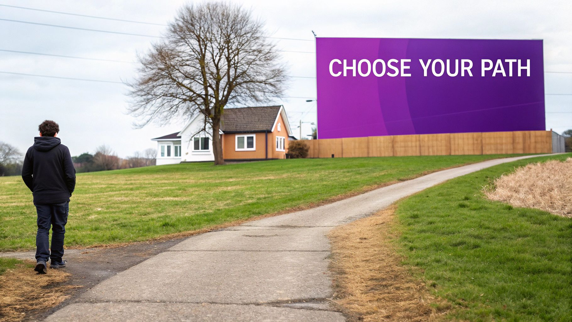 A person walks on a path towards a large purple billboard with the text "CHOOSE YOUR PATH".