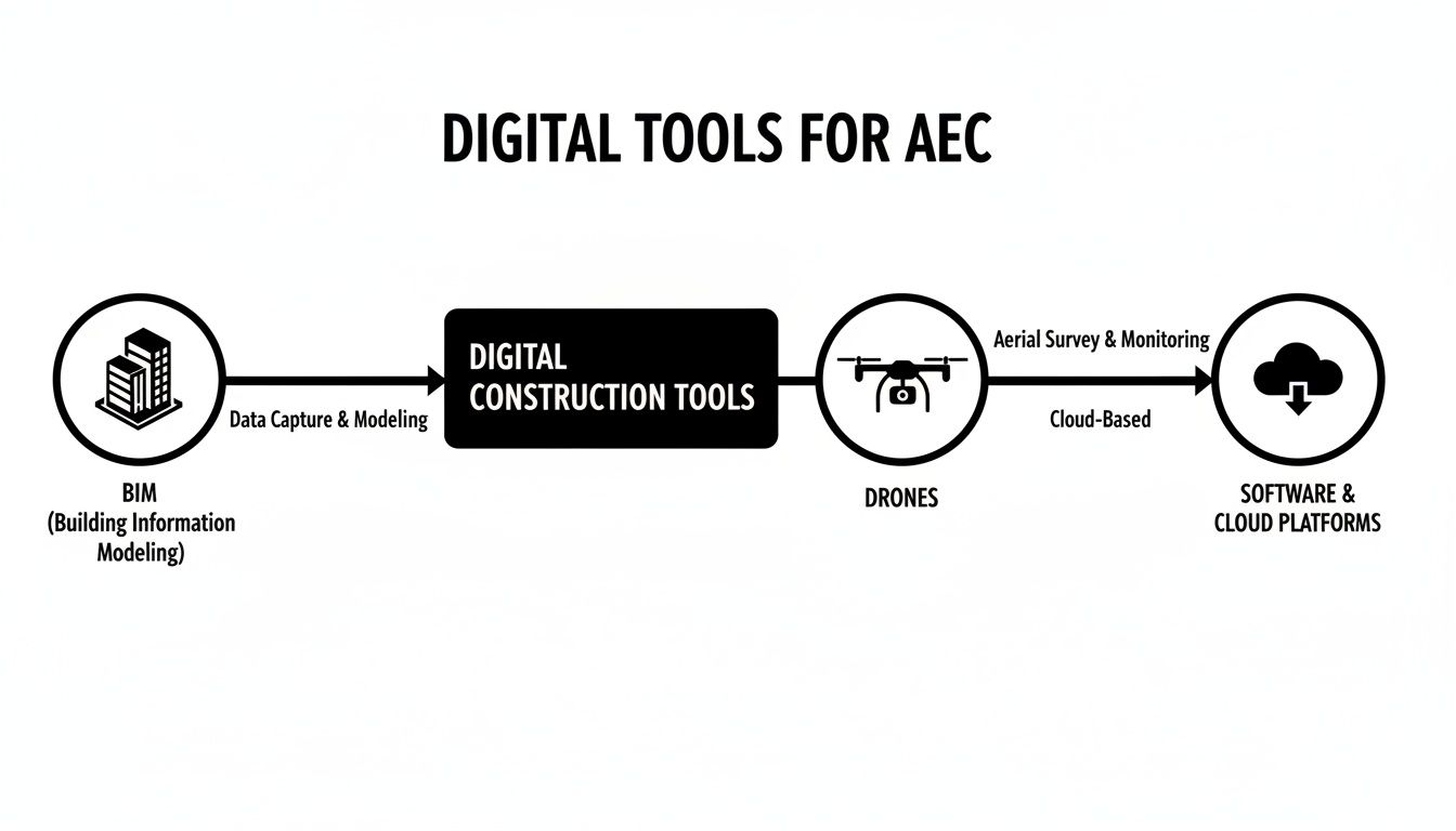Flowchart illustrating digital tools for the AEC industry, from BIM to drones and cloud platforms.