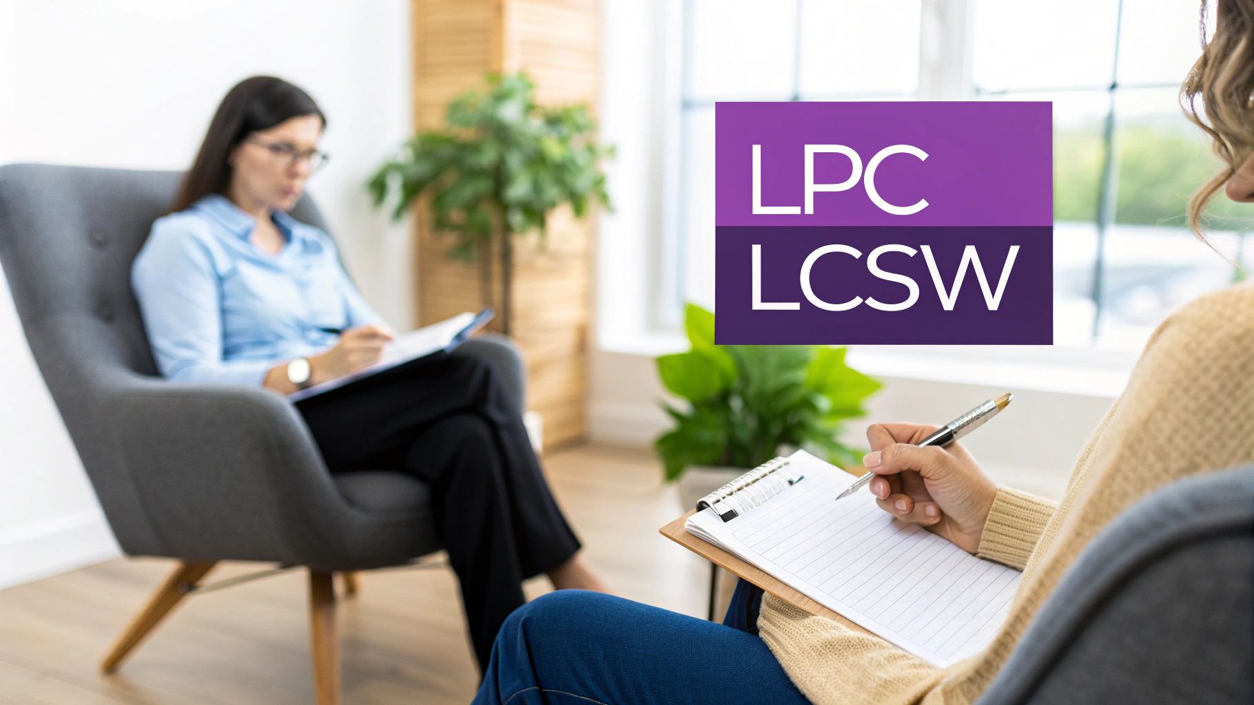 A therapist and a client in a session, with the therapist taking notes and an 'LPC LCSW' logo.
