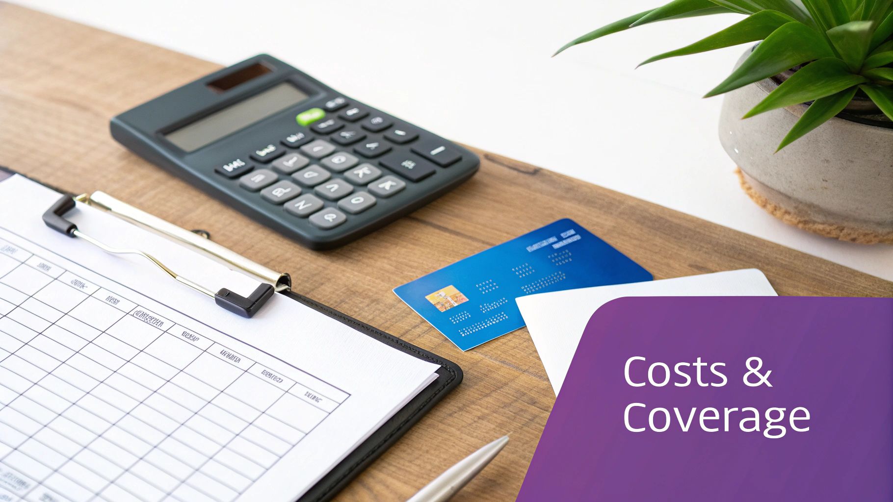 A desk with a calculator, clipboard with financial sheet, credit cards, and a plant, symbolizing costs.
