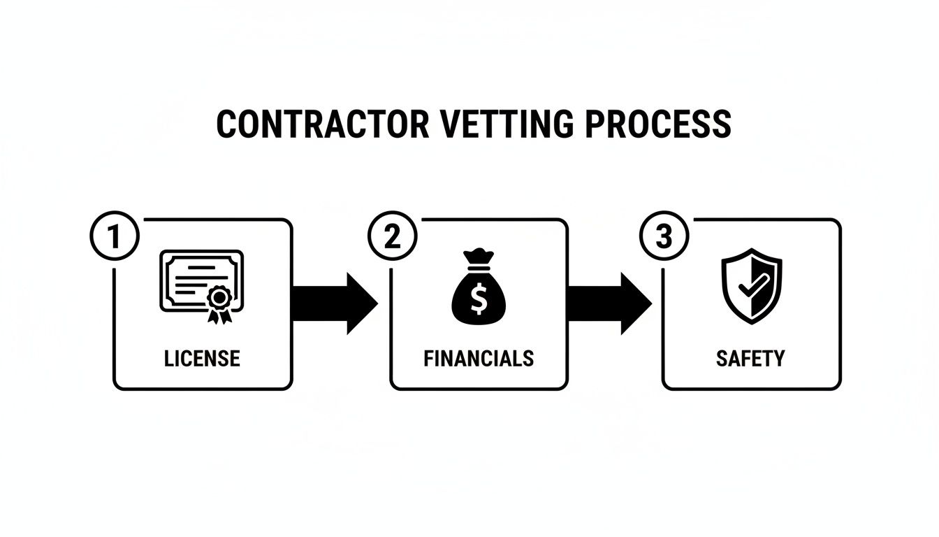 An infographic showing the three steps of a contractor vetting process: license, financials, and safety.