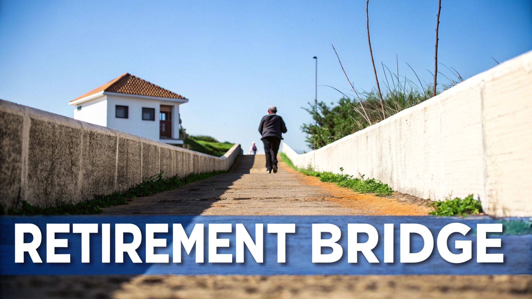 An older person walks up a concrete retirement bridge towards a distant house under clear skies.