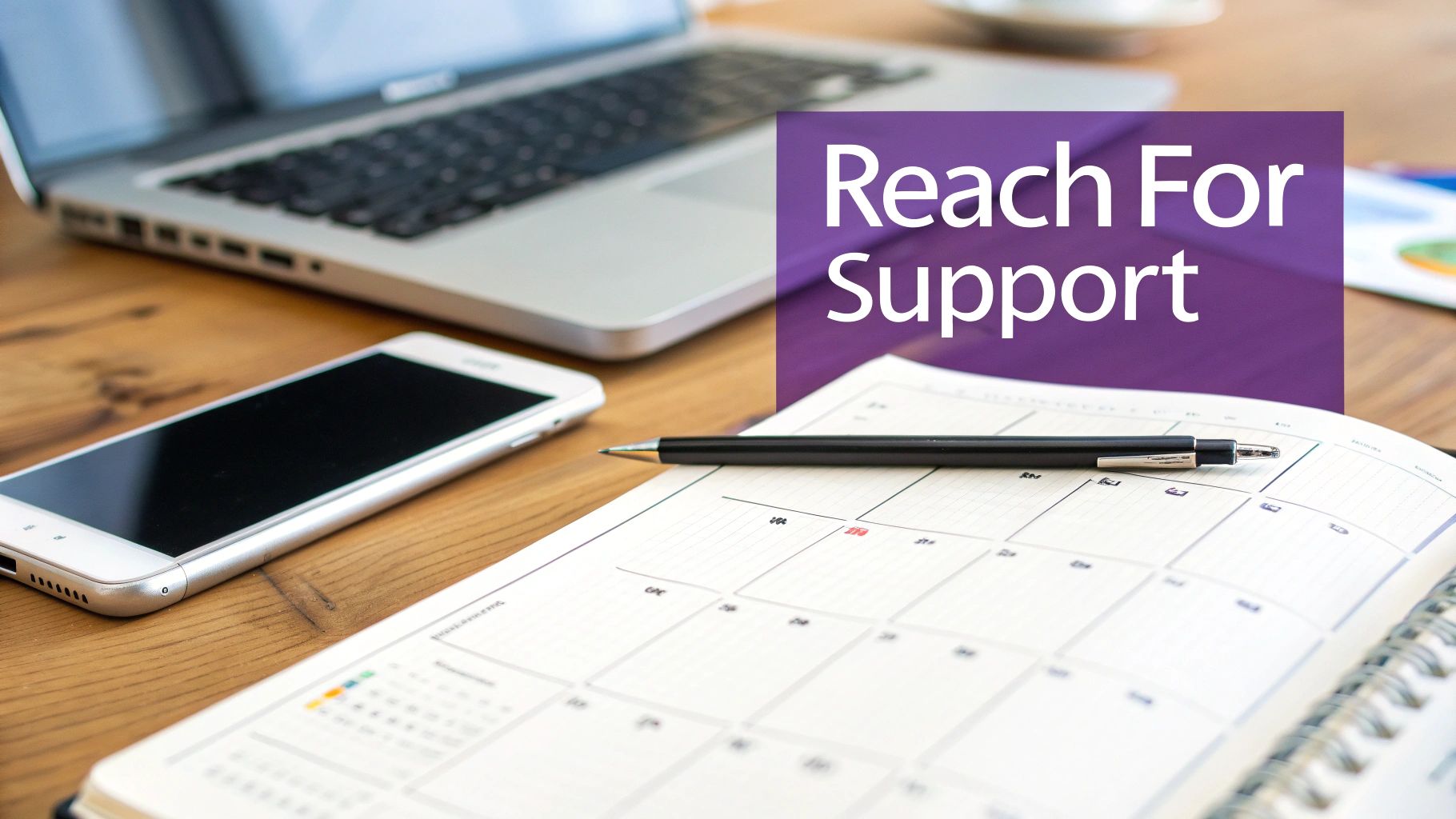 A workspace with a laptop, smartphone, open planner, and pen, overlaid with 'Reach For Support'.