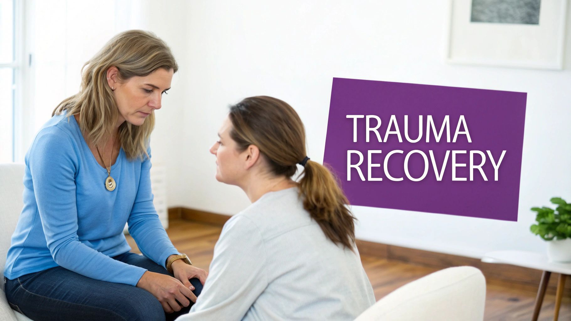 Two women engaged in a supportive conversation, with a prominent 'TRAUMA RECOVERY' sign.