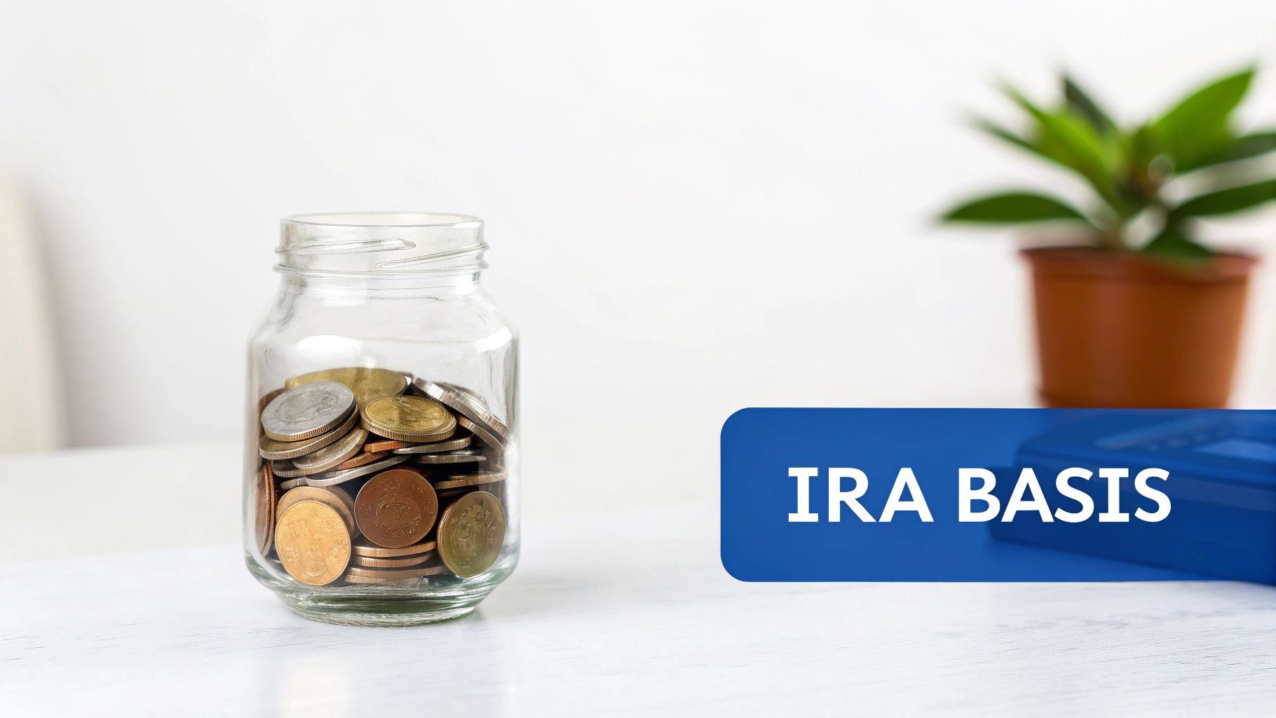 A glass jar filled with various coins sits on a white table next to a blue 'IRA BASIS' sign.