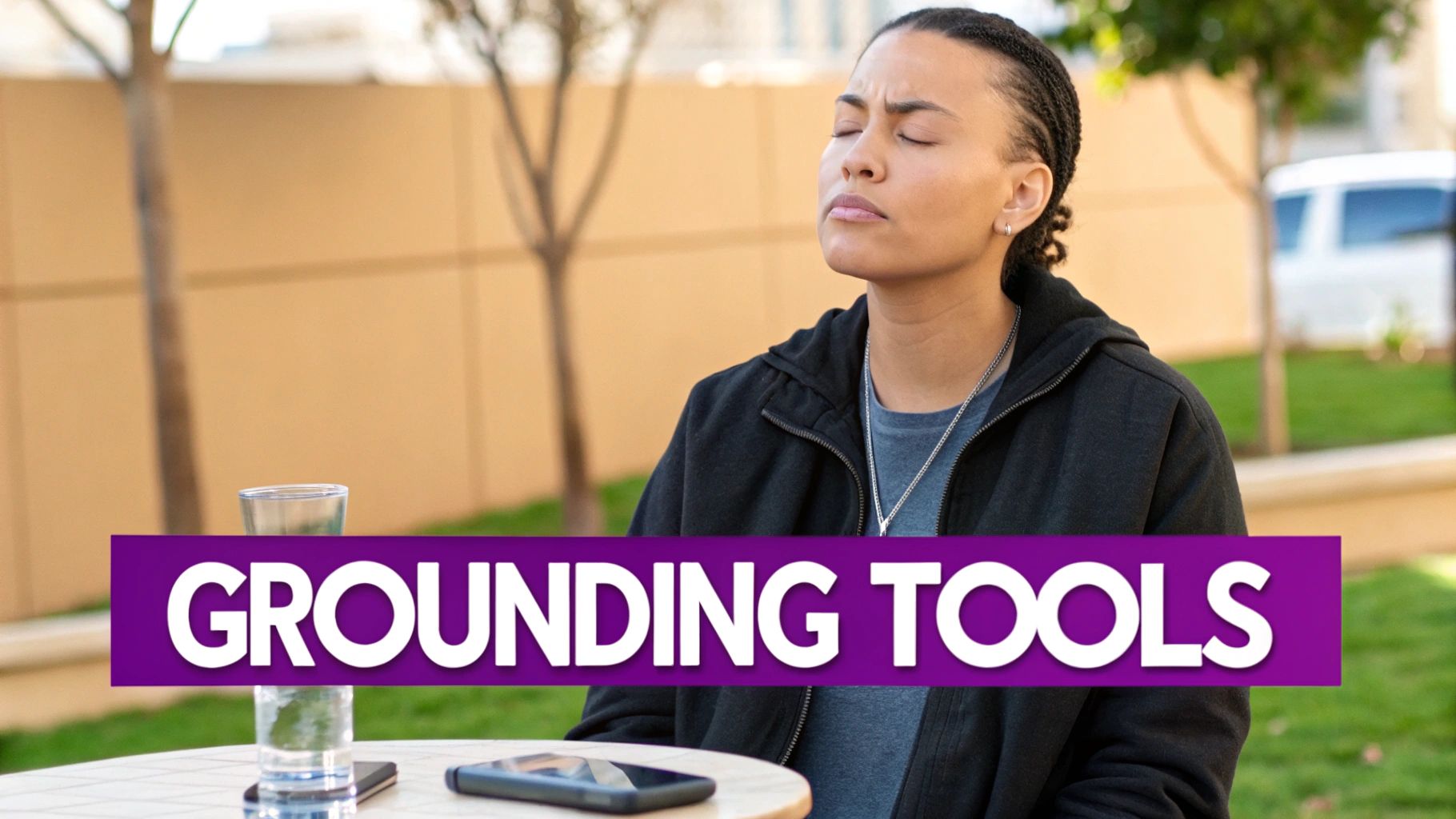 A woman with braided hair meditates outdoors with eyes closed, with 'GROUNDING TOOLS' text overlay.